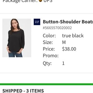 GAP Button Shoulder Boatneck Top Black 3/4 Sleeve
